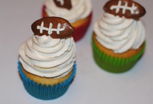 Football cupcake toppers with tootsie rolls