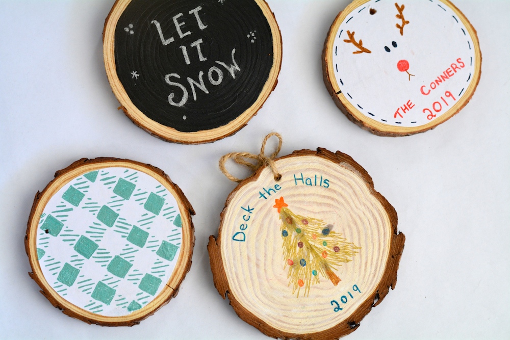 Four wood slice ornaments