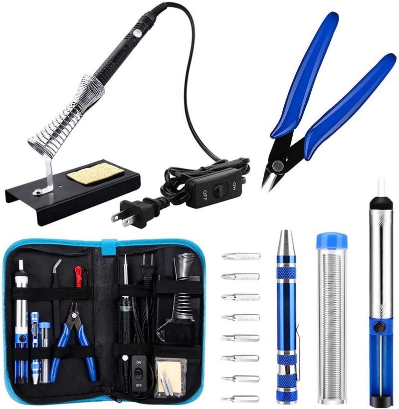 Anbes Soldering Iron Kit, [Upgraded] 60W Adjustable Temperature Welding Tool with ON-OFF Switch, 8-in-1 Screwdrivers, 2pcs Soldering Iron Tips, Solder Sucker, Wire Cutter,Tweezers,Soldering Iron Stand