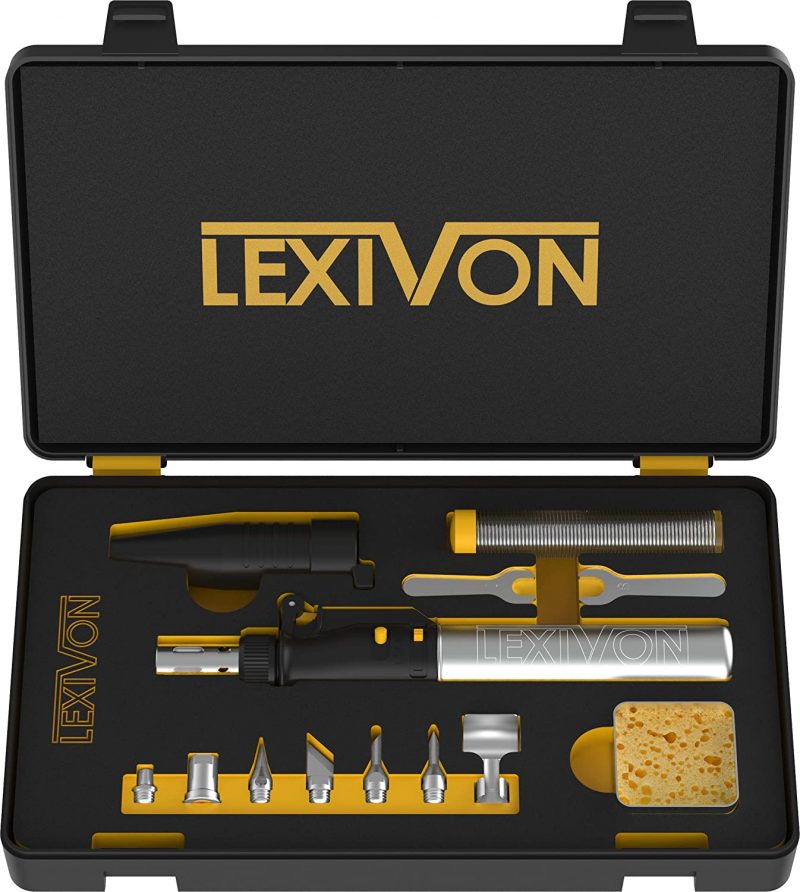 LEXIVON Butane Soldering Iron Multi-Purpose Kit | Cordless Self-Igniting Adjustable Flame 7-Tip Set | Pro Grade 125-Watt Equivalent (LX-770)