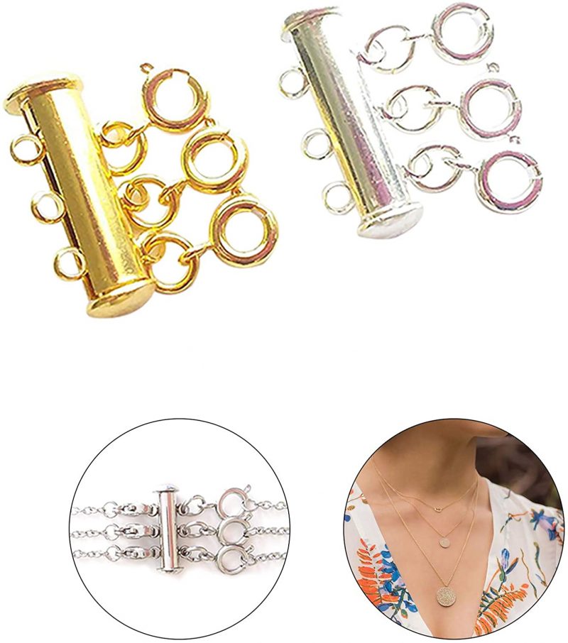 Layered Necklace Spacer Clasp, 3 Strands Necklaces Slide Magnetic Tube Lock with Lobster Clasps, Jewelry Clasps Connectors for Layered, Bracelet, Jewelry, Crafts, Necklace, 2 Pack Gold and Sliver