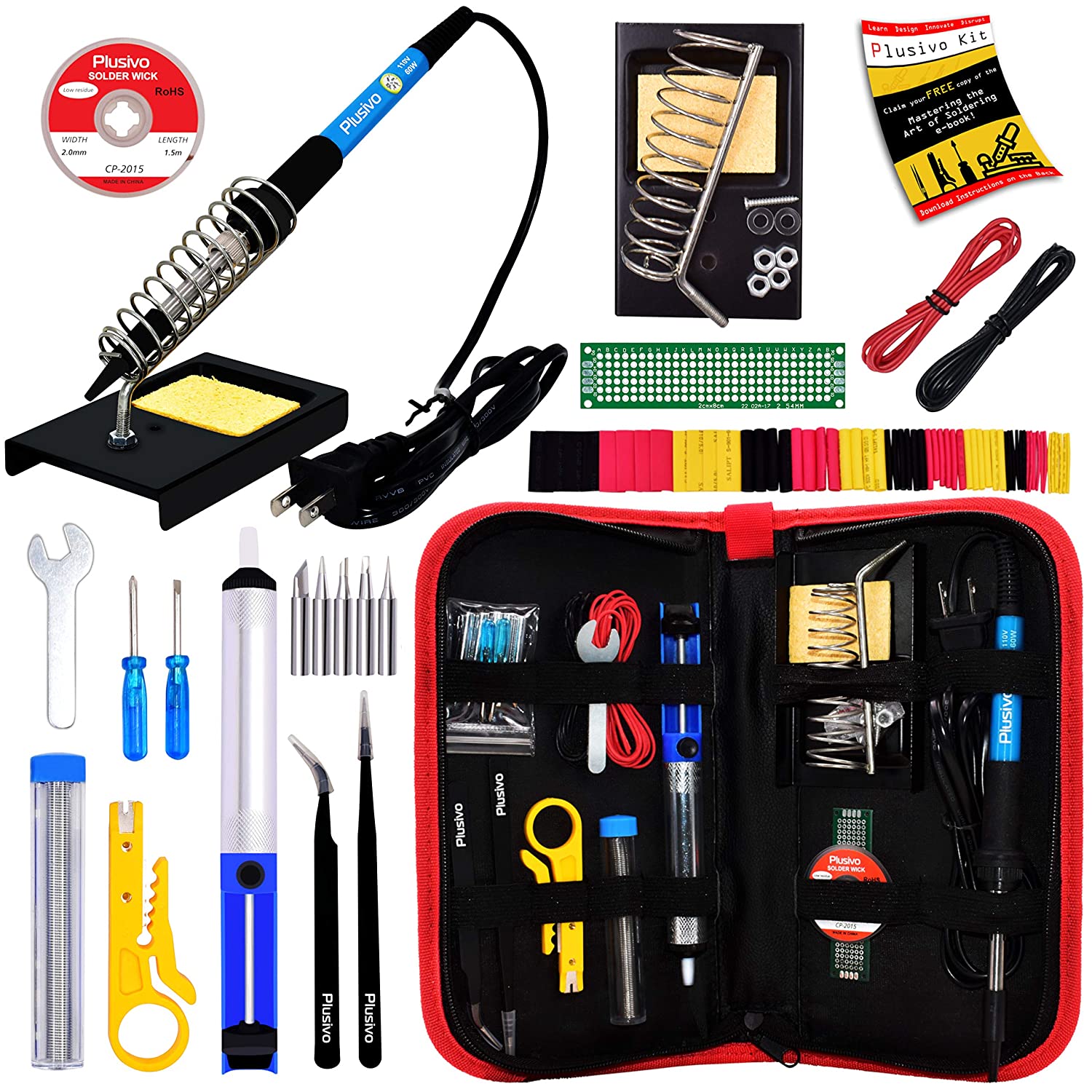 Soldering Iron Kit - Soldering Iron 60 W Adjustable Temperature, Solder Wire, Tweezers, Soldering Iron Stand, Soldering Iron Tips Set, Desoldering Pump, Solder Wick, Heatshrink Tubes [110 V, US Plug]