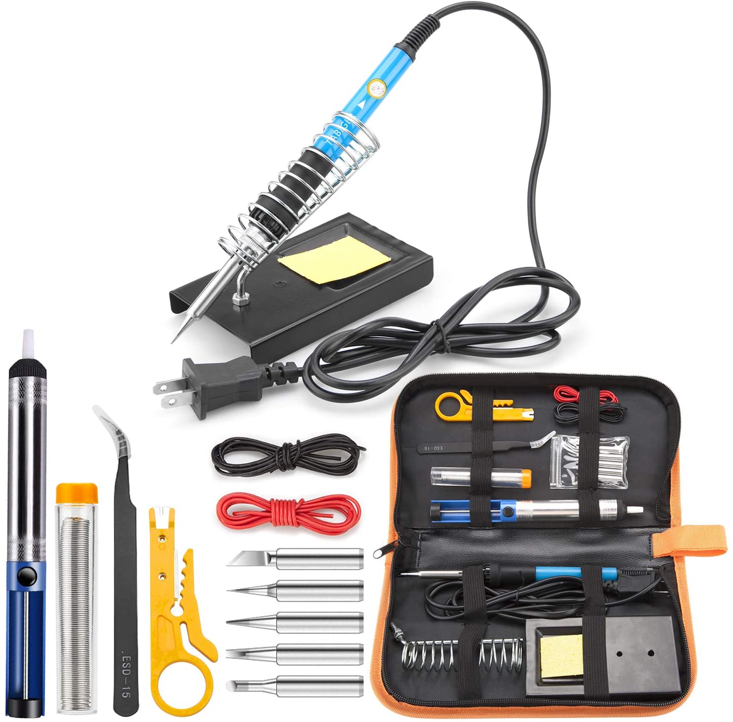 Tabiger Soldering Iron Kit 15-in-1, 60W Soldering Iron with Adjustable Temperature, Soldering Gun, 5pcs Soldering Iron Tips, Solder Wire, Desoldering Pump, Tweezer, Soldering Stand, Tool Case