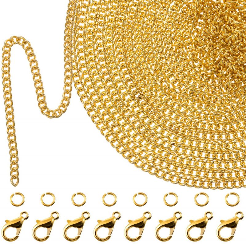 TecUnite 33 Feet Gold Plated Link Chain Necklace with 30 Jump Rings and 20 Lobster Clasps for Men Women Jewelry Chain DIY Making (1.5 mm)