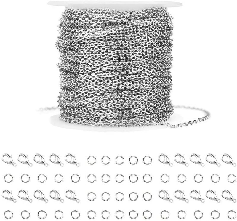 SUNNYCLUE 33 Feet Jewellery Making Chain Bulk 2mm Stainless Steel Cable Chain with 30 Lobster Clasps and 100 Jump Rings for Necklace Earring Bracelet Making 