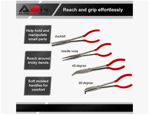 ABN Long Reach 11in Plier 4-Piece Set - 45, 90-Degree Angle, Straight & Duckbill Pliers