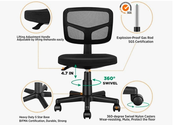 Armless Task Office Chair,MOLENTS Small Desk Chair with Mesh Lumbar Support,Ergonomic Computer Chair No Arms,Adjustable Swivel Home Office Chair for Small Spaces,Easy Assembly,Mid Back,No Armrest 1