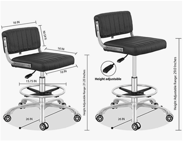 Rolling Swivel Drafting Chair Adjustable Heavy Duty (400lbs) Lumbar Support Task Chair for Home Desk Studio Design Lab (Black) (Square Cushion) 1