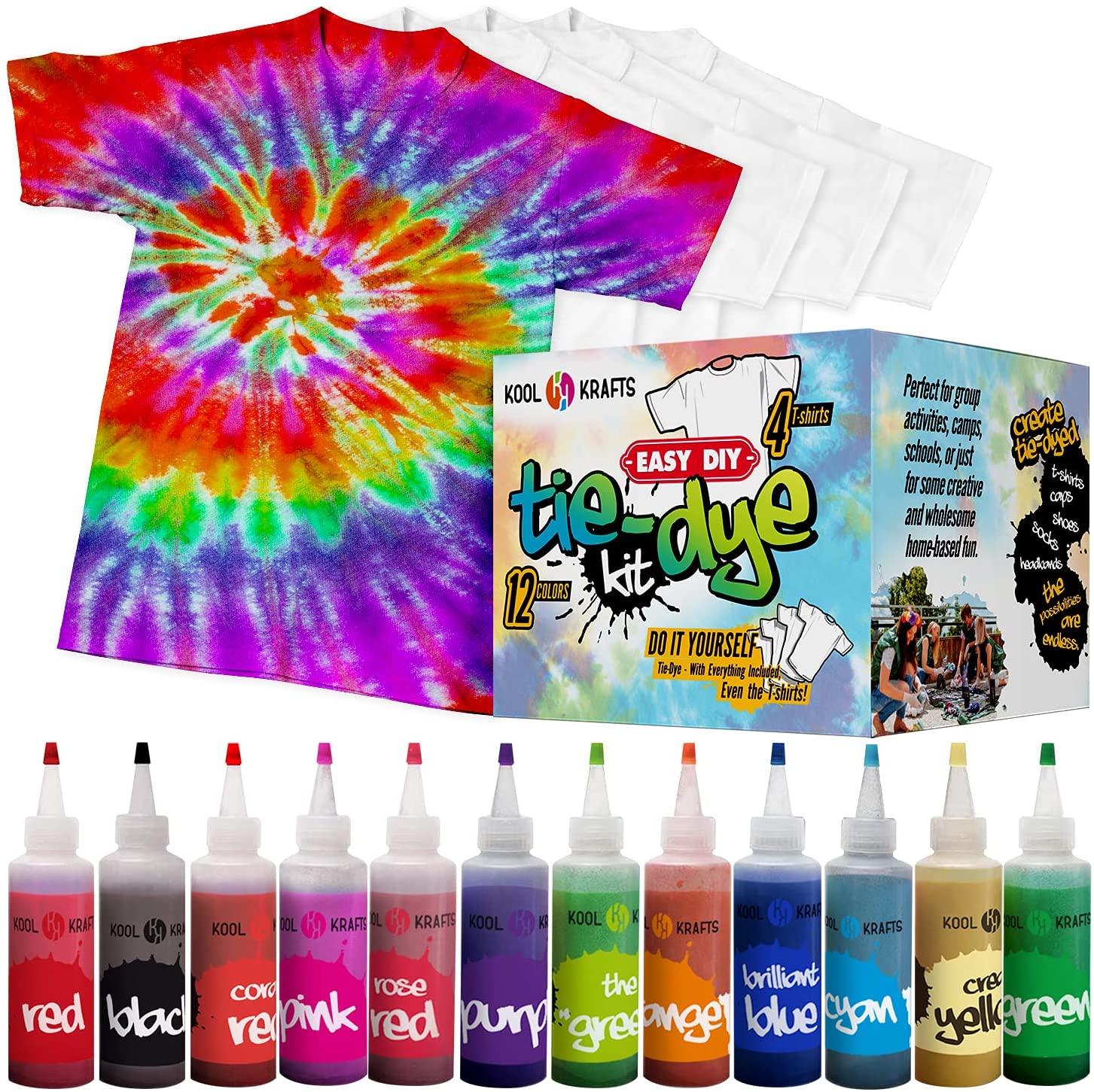 Tie Dye Kit - Tie Dye Kits for Kids - Includes 4 White T-Shirt - 12 Large Colors Tie Dye - Tie Dye Kits for Adults - Tie Dye Party Supplies