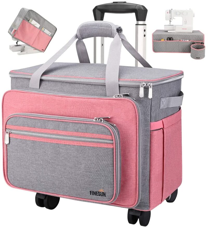 FINESUN Sewing Machine Case with Wheels, Grey& Pink - 3 in 1 Foldable Deluxe Rolling Sewing Machine Carrying Bag for Brother, Singer, Bernina