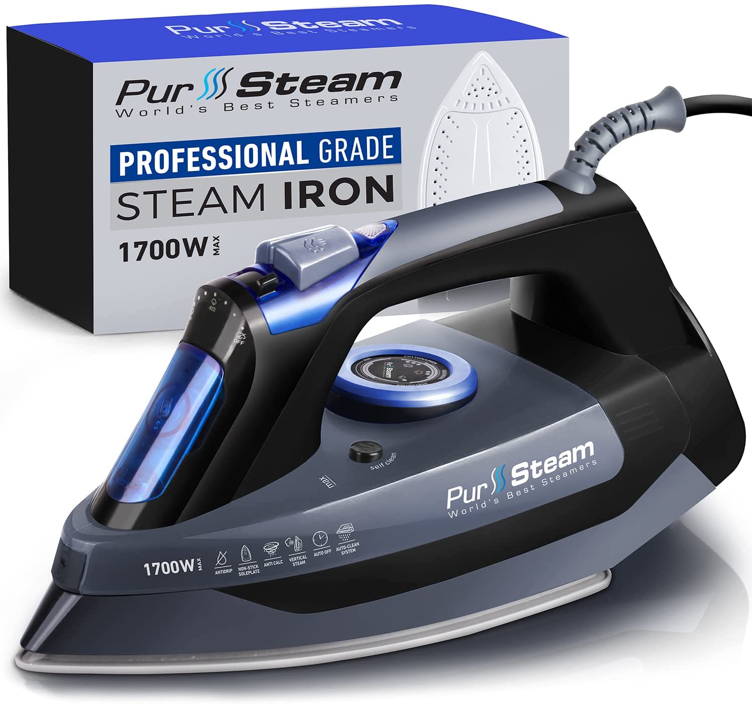 Professional Grade 1700W Steam Iron for Clothes with Rapid Even Heat Scratch Resistant Stainless Steel Sole Plate, True Position Axial Aligned Steam Holes, Self-Cleaning Function