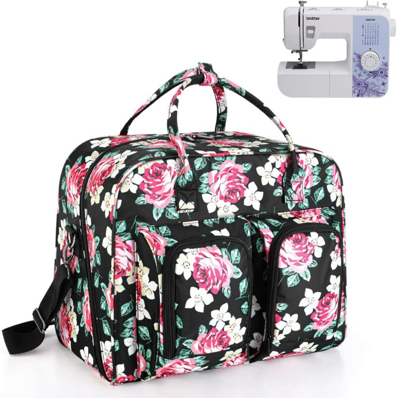 Everything Mary 4 Wheel Collapsible Deluxe Sewing Machine Storage Case,  Black Floral - Rolling Trolley Carrying Bag Compatible with Brother,  Singer