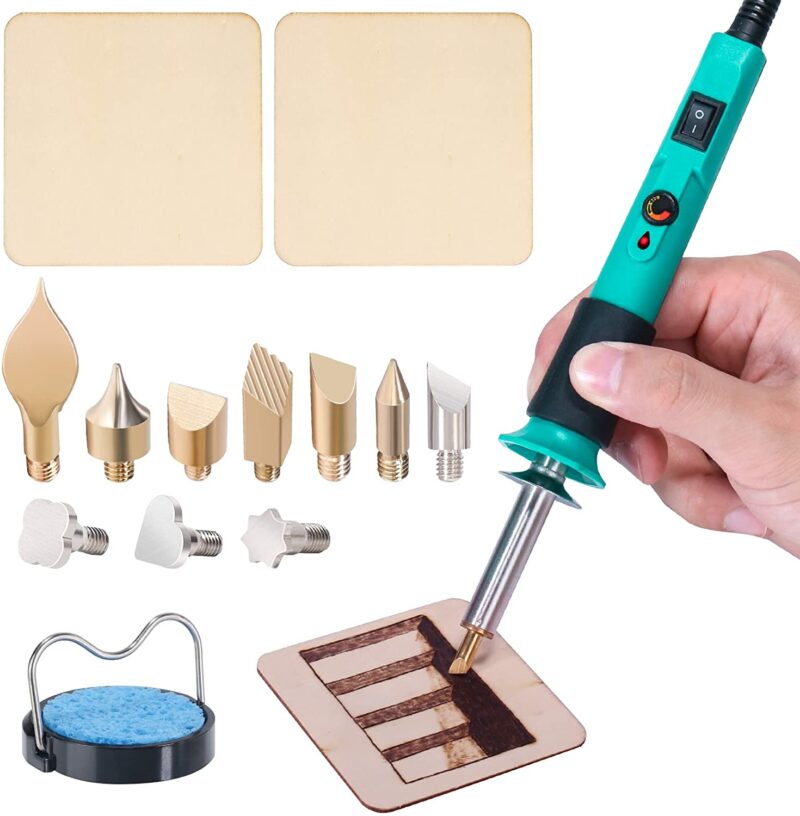 YIHUA 930-IV Pyrography Wood Burning Pen Kit Adjustable Temperature, Power Switch, Heat Deflector, Rubber Grip with 13PCS Accessories, Stencil, Wood Pieces
