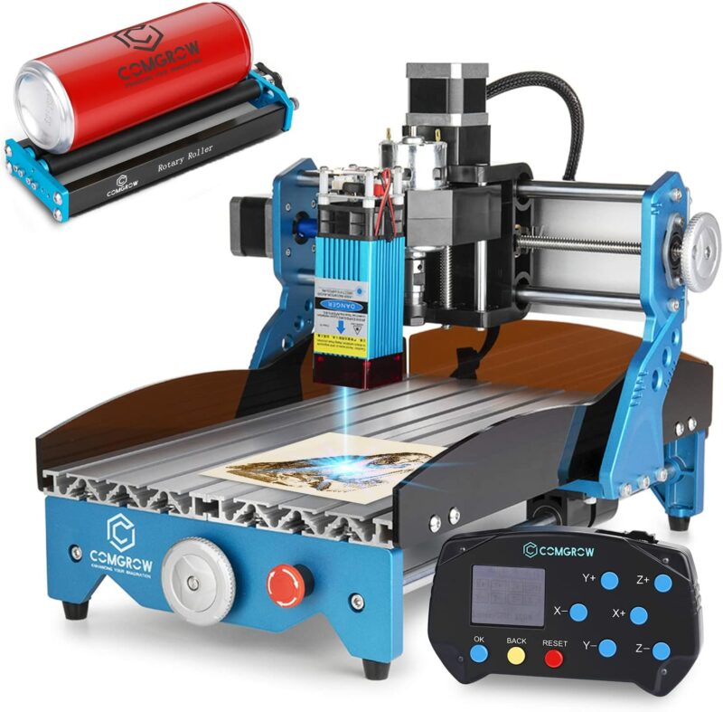 Comgrow 2 in 1 CNC 3018 with Laser Rotary Roller,5000MW Laser Engraving Module Compressed Spot,GRBL Control 3 Axis CNC Router Machine Kit with Offline