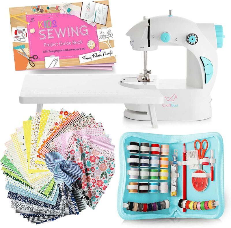 CraftBud Mini Sewing Machine for Beginners with Sewing Kit, 122 PC Dual Speed Portable Sewing Machine, Travel Small Sewing Machine Kit, Kids Sewing Machine