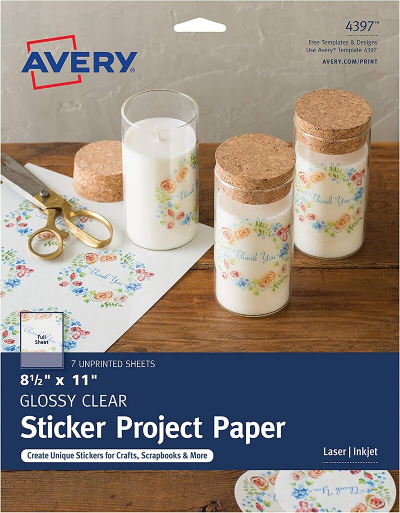 Avery Printable Sticker Paper, Glossy Clear, 8.5 x 11, Laser & Inkjet Printers, 7 Sheets