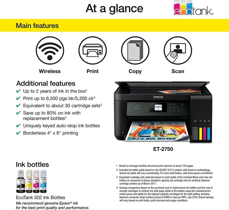 Epson EcoTank ET-2750 Wireless Color All-in-One Cartridge-Free Supertank Printer with Scanner, Copier and Ethernet