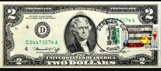 1976 2 Dollar Bill with Stamp