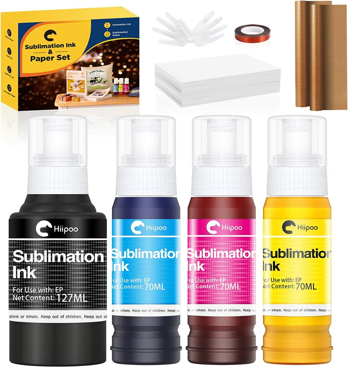 Hiipoo-Sublimation-Ink-Set-with-110-Sheet-Sublimation-Paper-8.5x11-125G-2-Pack-Teflon-Sheet-Heat-Tape-for-EcoTank-Inkjet-Printer-ET-2720-ET-2760-ET-2800