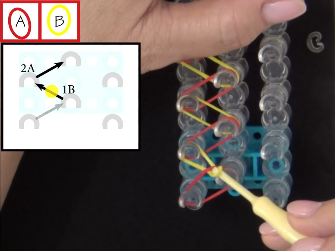 Insert the loom hook under the top (1st) band stretched between the first, middle, and second right pegs. 