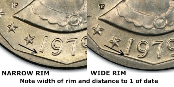 1979 Susan B. Anthony Dollar Coin Wide Vs. Narrow Rim