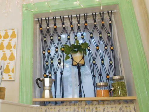 Beaded Macrame Curtain with Plant Holder