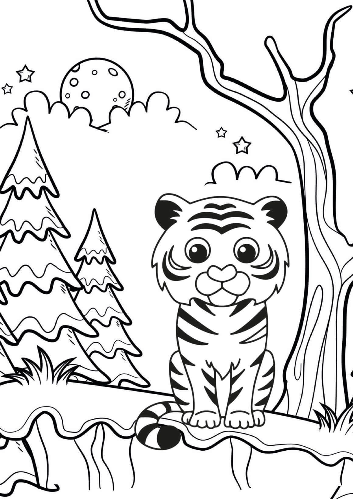 Baby tiger in forest coloring page
