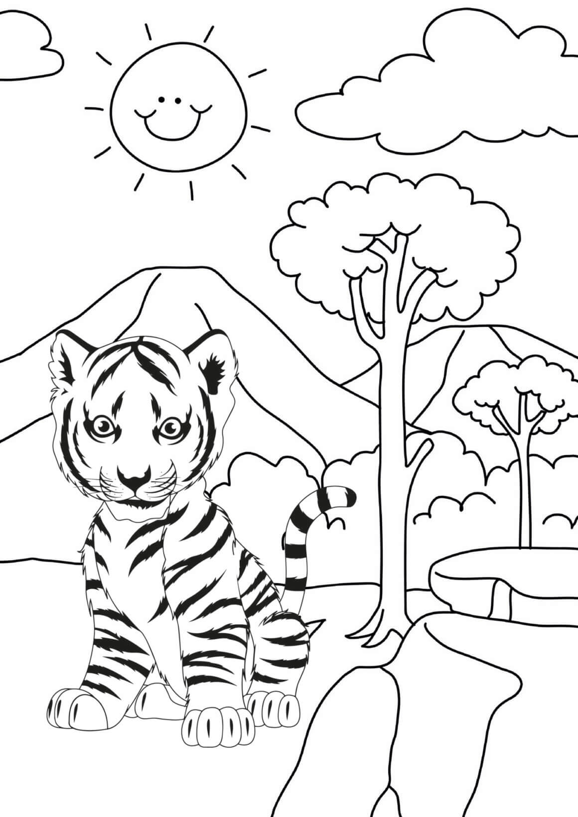Baby tigers near mountain coloring sheet