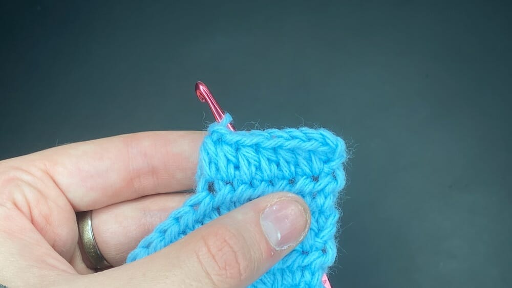 Half double crochet increase into the first stitch of the row, followed by 5 half double crochets (HDC INC, 5 HDC)