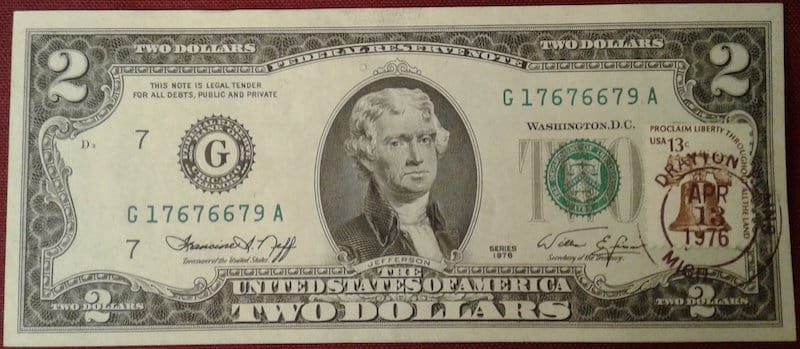 1976 $2 Bill with Stamp