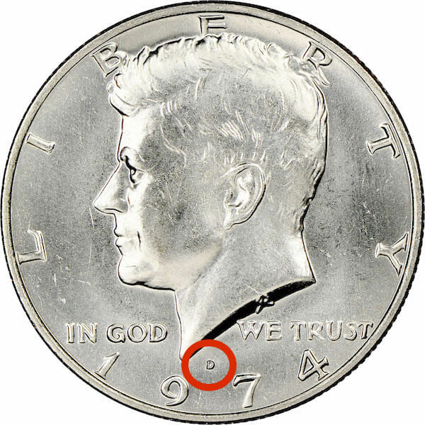 Where is the Mint Mark on a 1974 Half Dollar?
